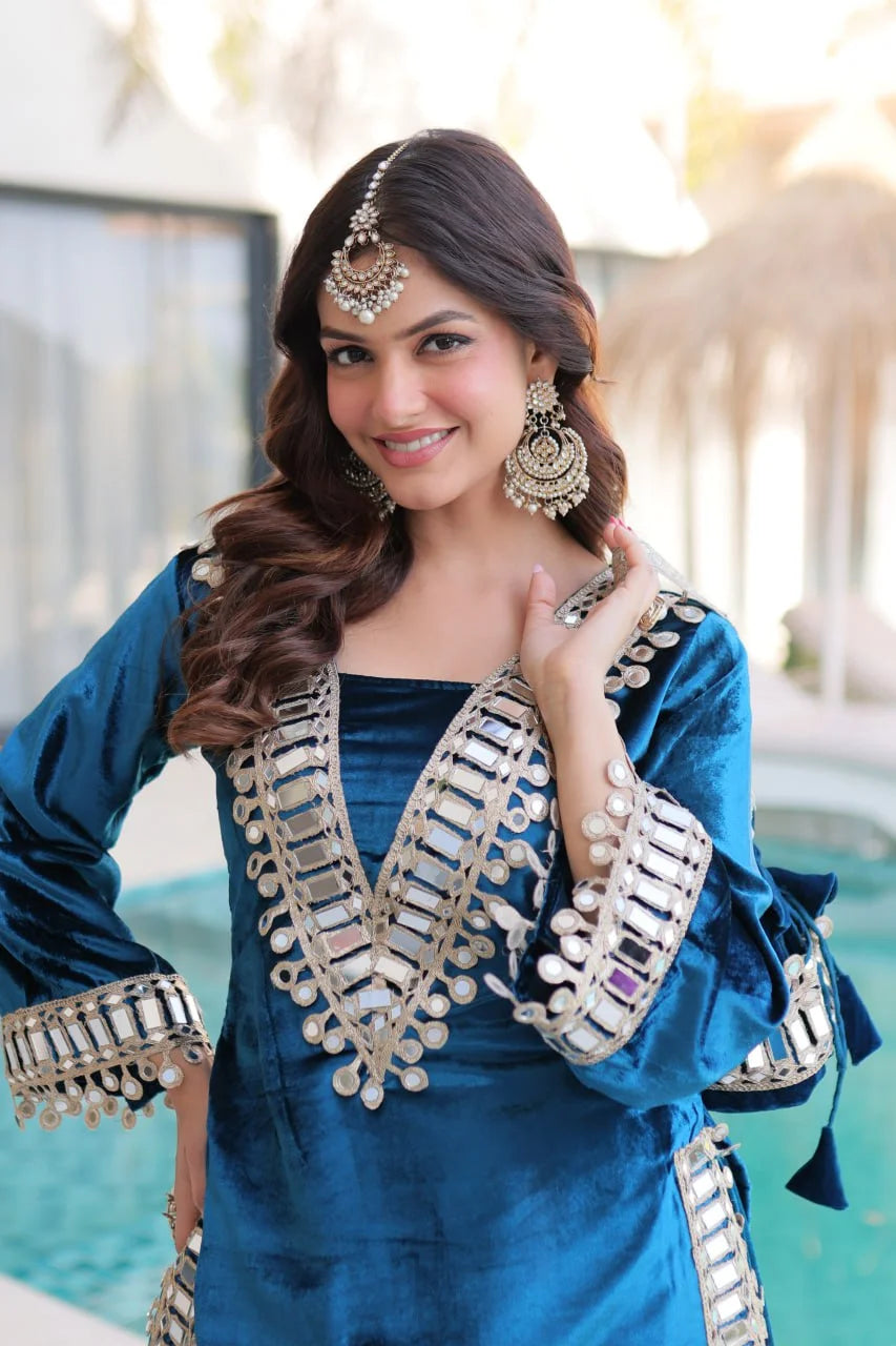 Elegant Ice Velvet Embroidered Top Palazzo Set with Zari & Mirror Detailing
