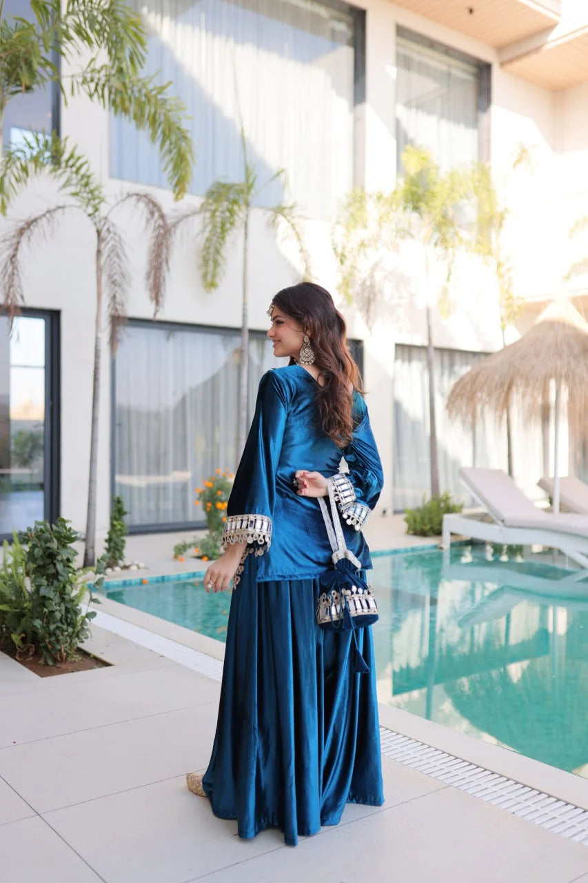 Elegant Ice Velvet Embroidered Top Palazzo Set with Zari & Mirror Detailing