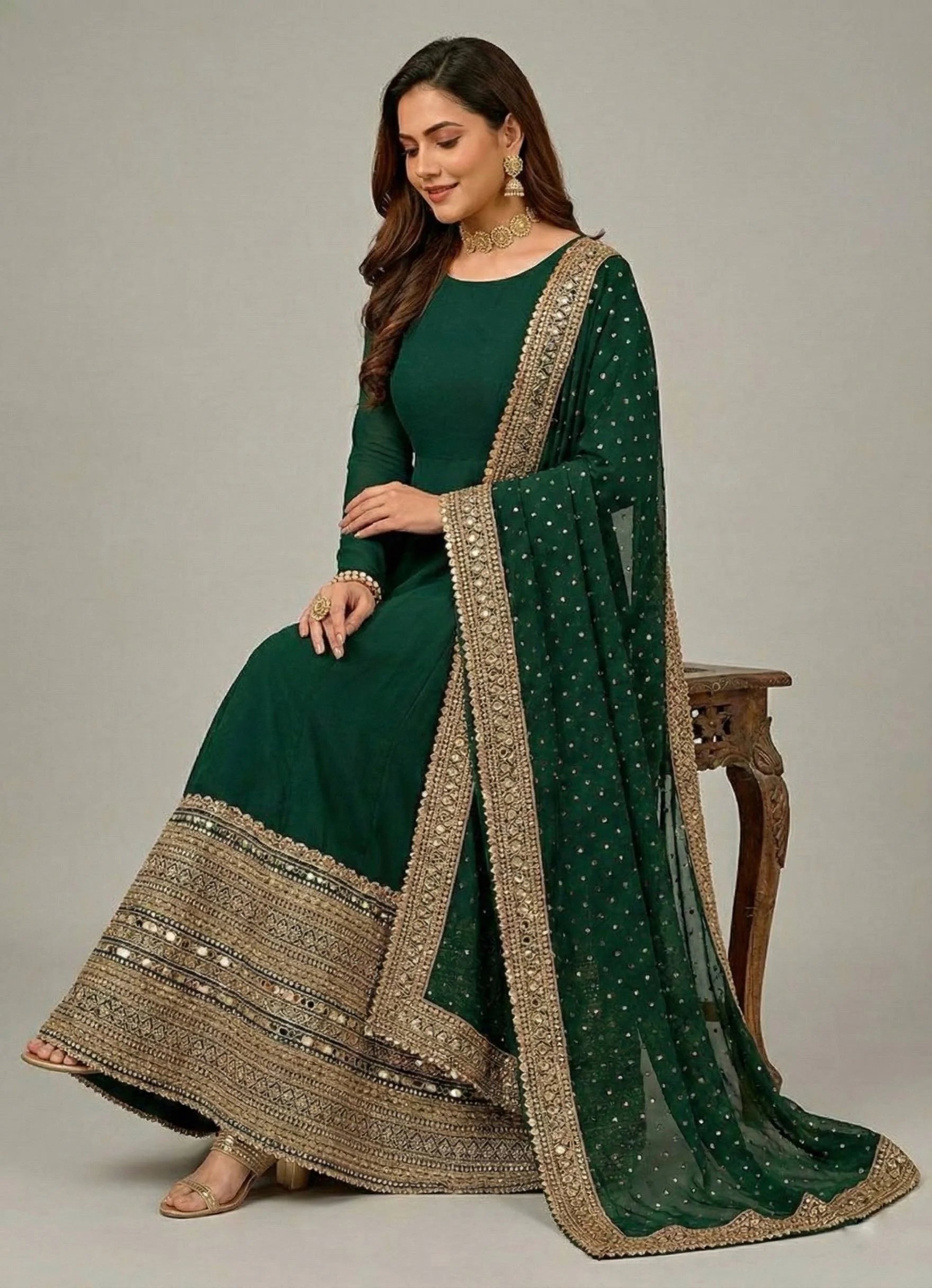 Royal Green Roman Silk Anarkali Set with Pant & Dupatta