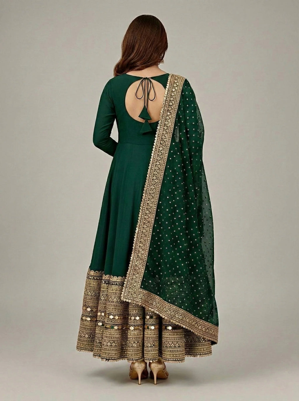 Royal Green Roman Silk Anarkali Set with Pant & Dupatta