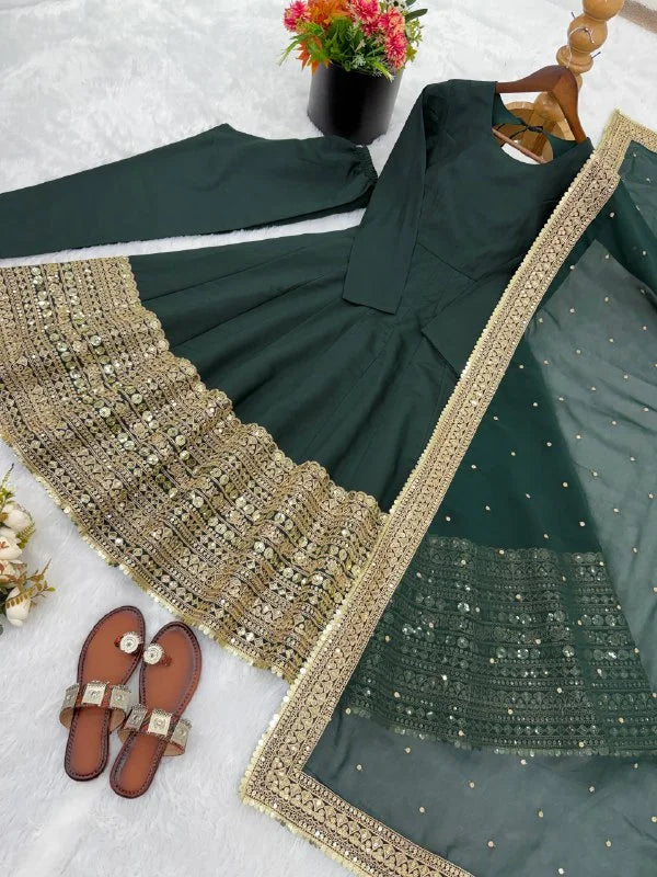Royal Green Roman Silk Anarkali Set with Pant & Dupatta