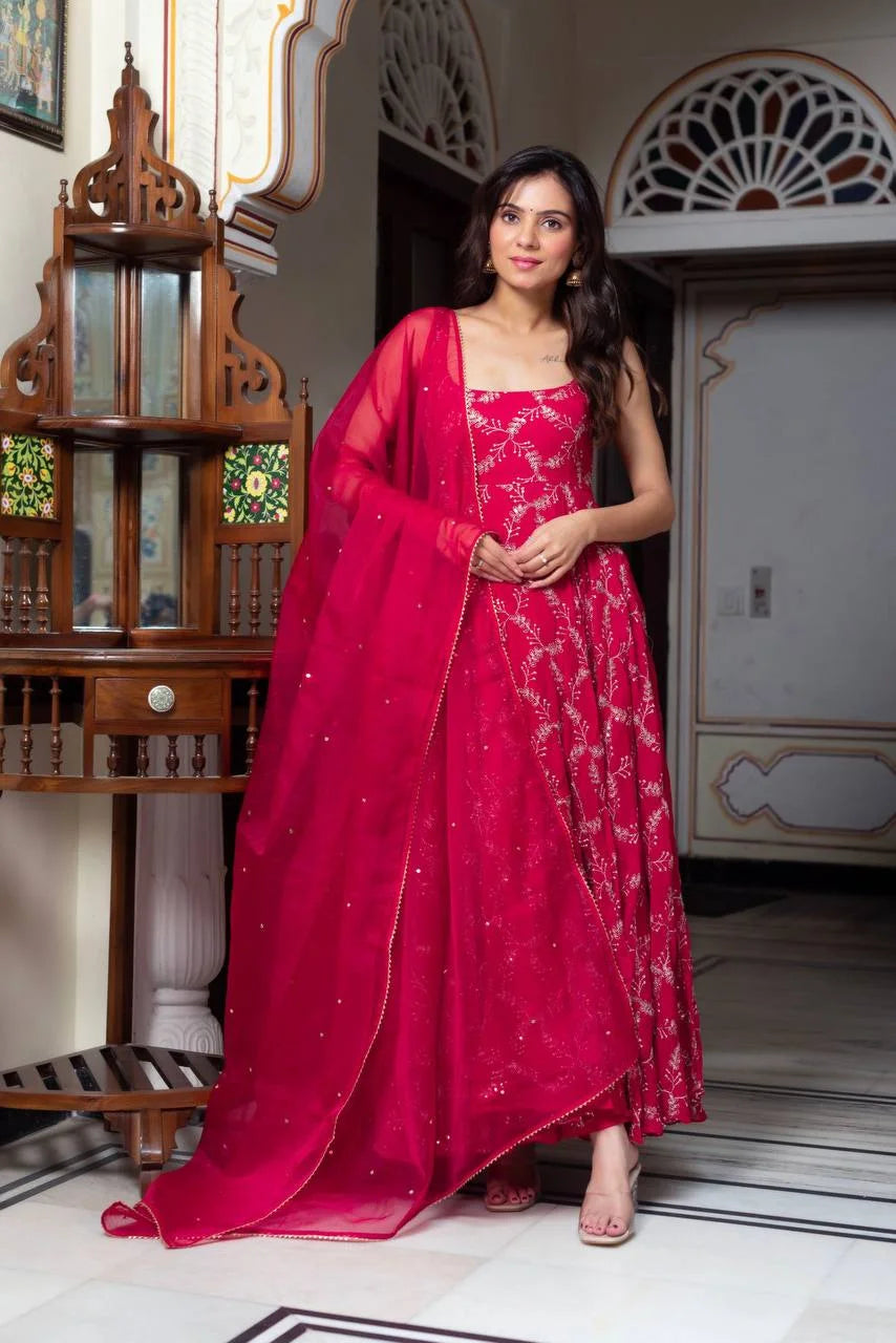 Graceful Thread & Sequence Embroidered Anarkali Suit With Pant and Dupatta
