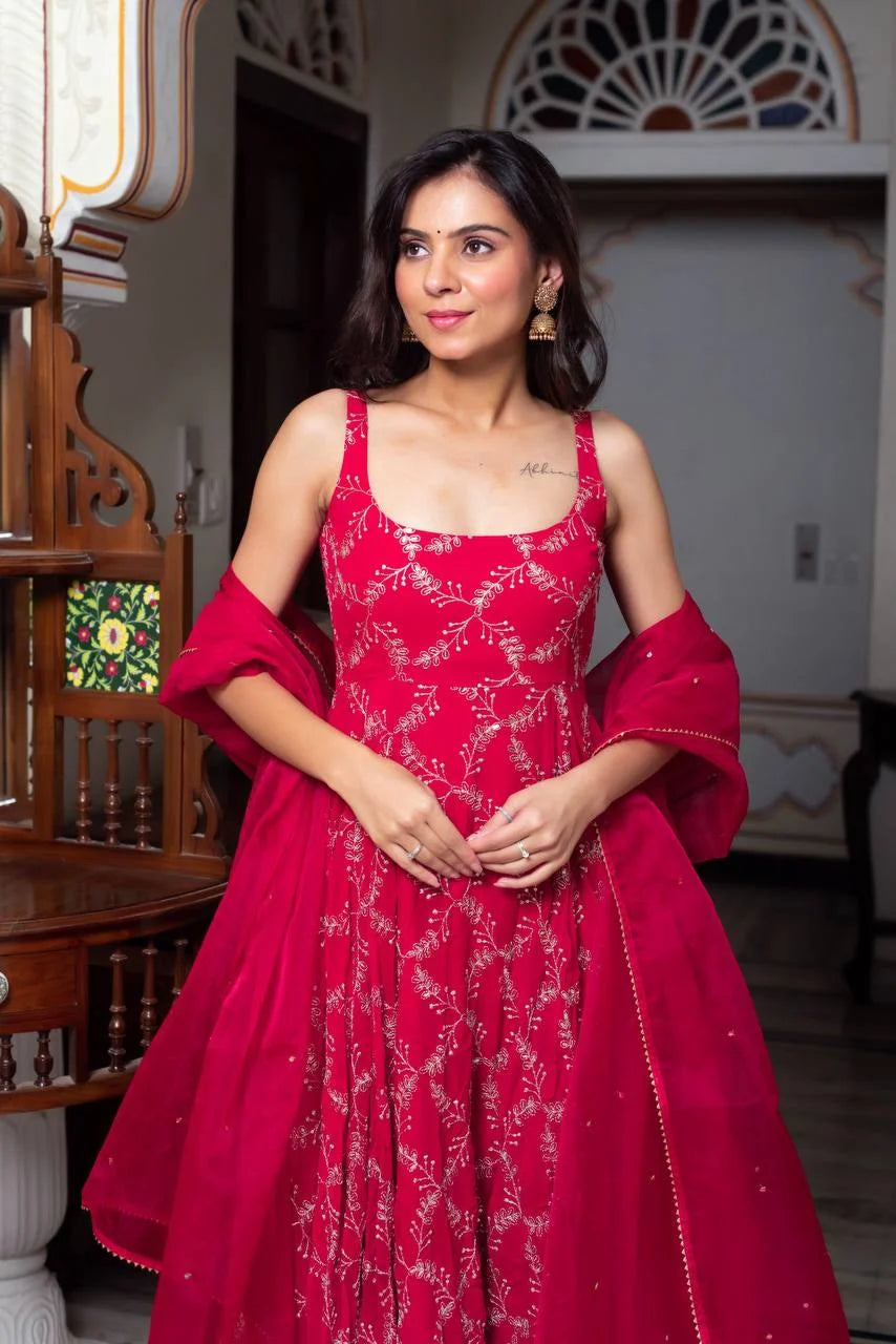 Graceful Thread & Sequence Embroidered Anarkali Suit With Pant and Dupatta