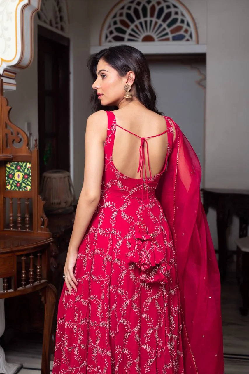 Graceful Thread & Sequence Embroidered Anarkali Suit With Pant and Dupatta