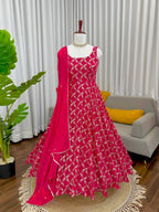 Graceful Thread & Sequence Embroidered Anarkali Suit With Pant and Dupatta