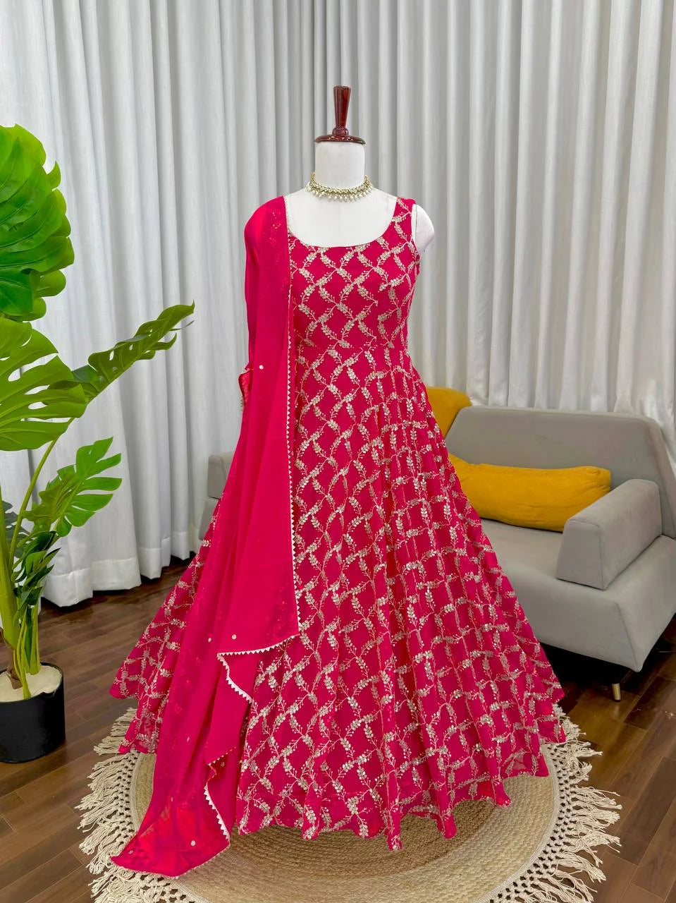 Graceful Thread & Sequence Embroidered Anarkali Suit With Pant and Dupatta