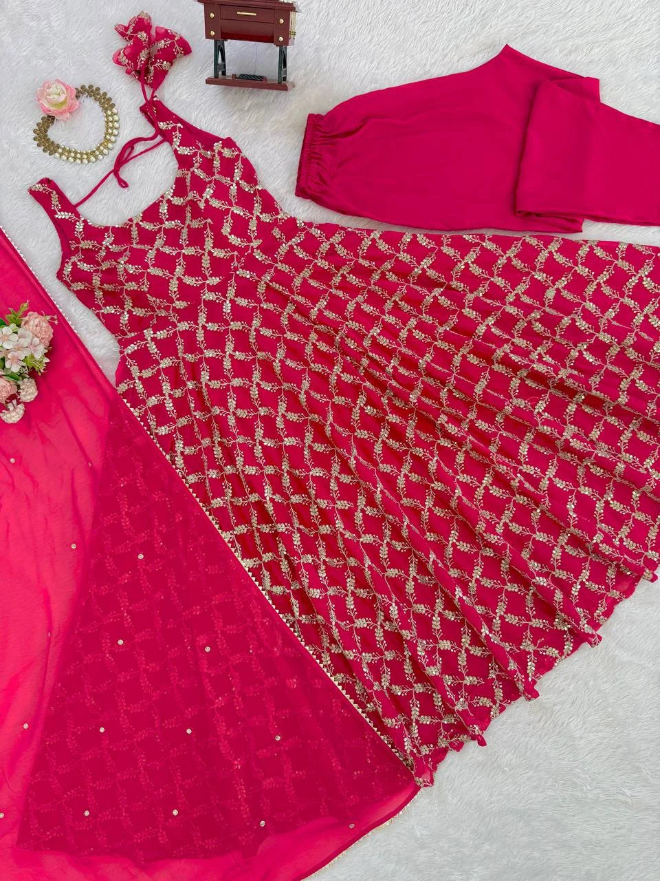 Graceful Thread & Sequence Embroidered Anarkali Suit With Pant and Dupatta