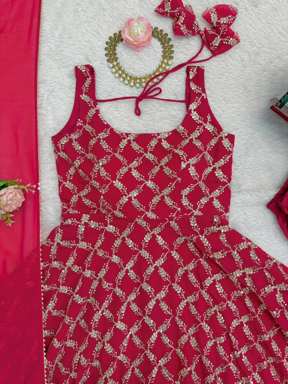 Graceful Thread & Sequence Embroidered Anarkali Suit With Pant and Dupatta