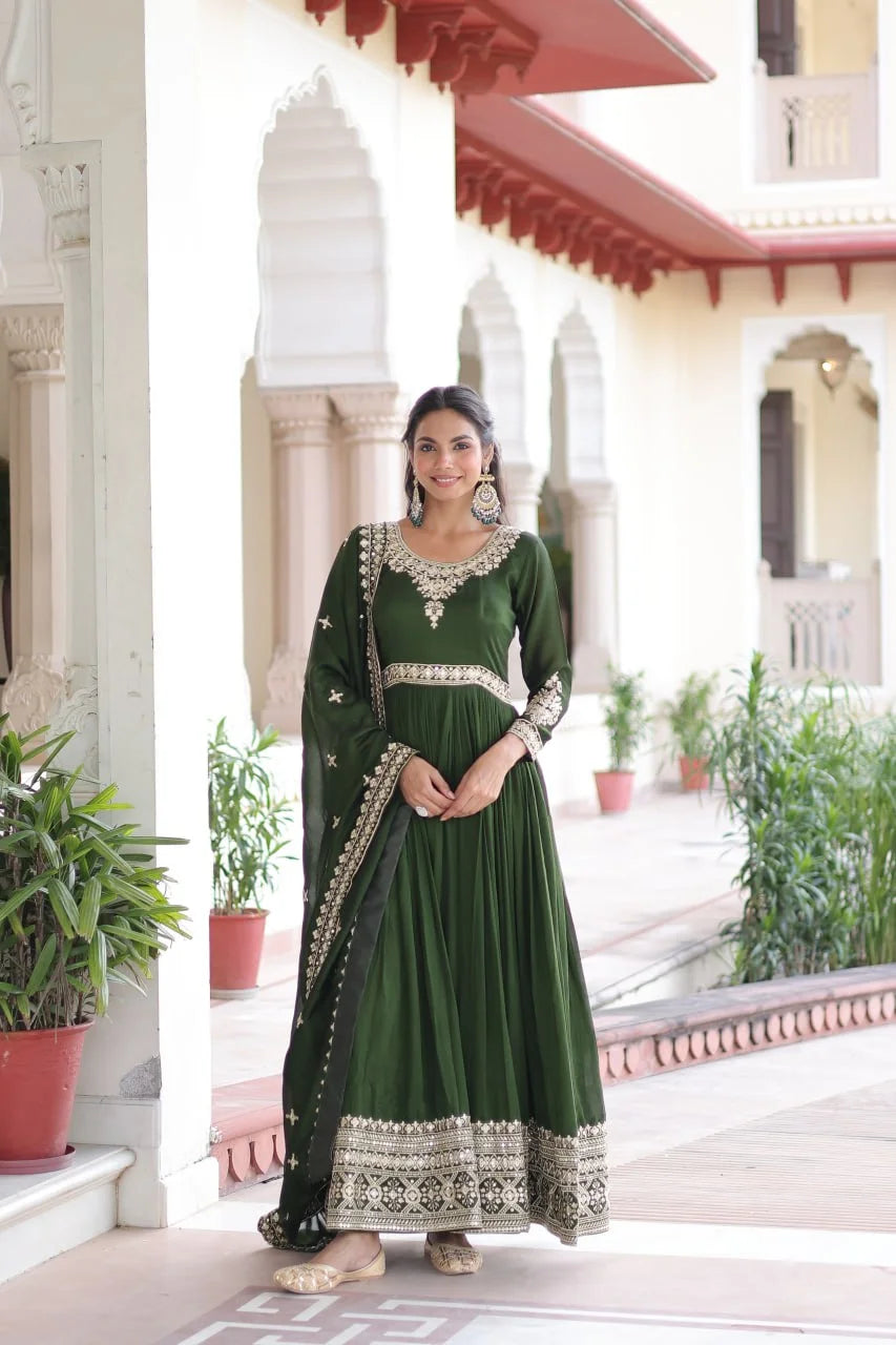 Designer Vichitra Silk Gown with Sequence Embroidery and Lace Border Dupatta