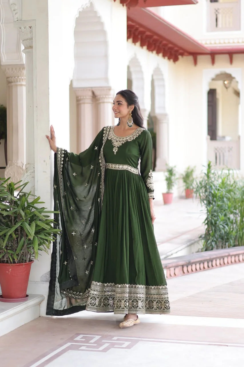 Designer Vichitra Silk Gown with Sequence Embroidery and Lace Border Dupatta