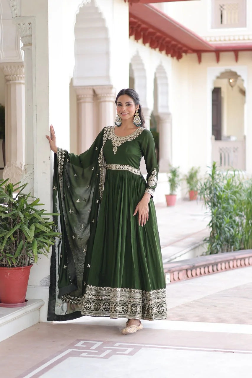Designer Vichitra Silk Gown with Sequence Embroidery and Lace Border Dupatta