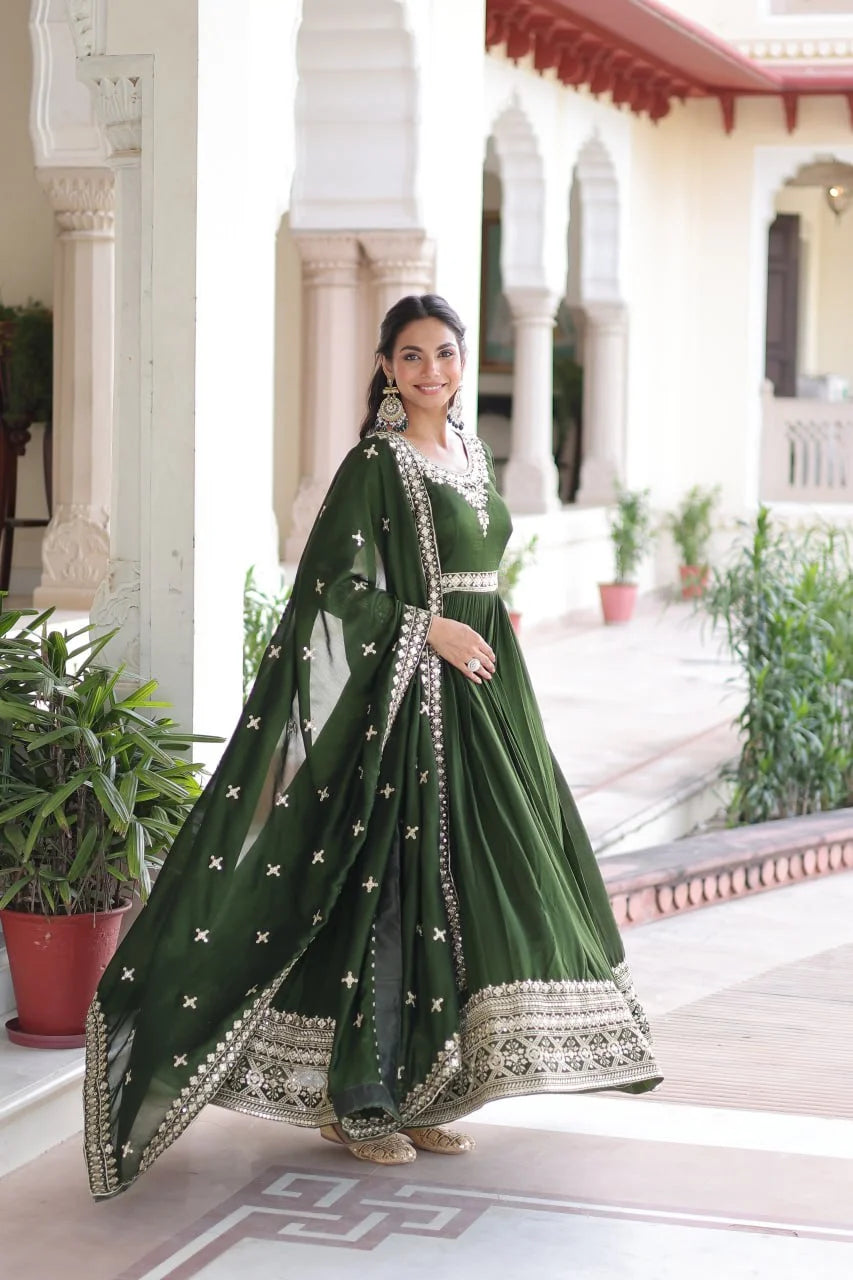 Designer Vichitra Silk Gown with Sequence Embroidery and Lace Border Dupatta