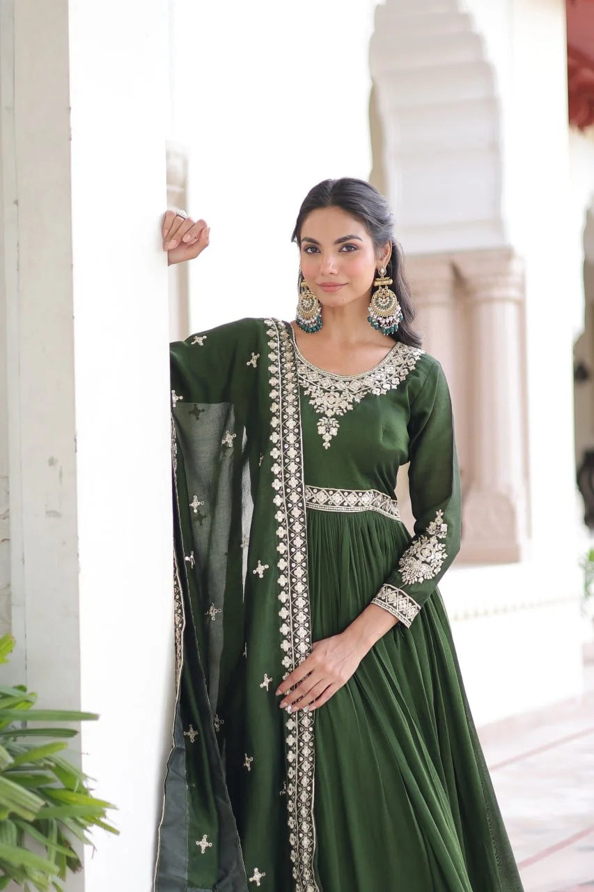 Designer Vichitra Silk Gown with Sequence Embroidery and Lace Border Dupatta