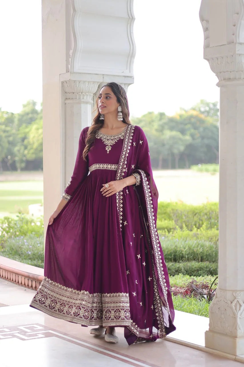 Traditional Vichitra Silk Gown Set with Sequence Work and Canvas Patta
