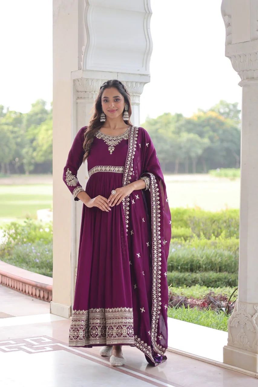 Traditional Vichitra Silk Gown Set with Sequence Work and Canvas Patta