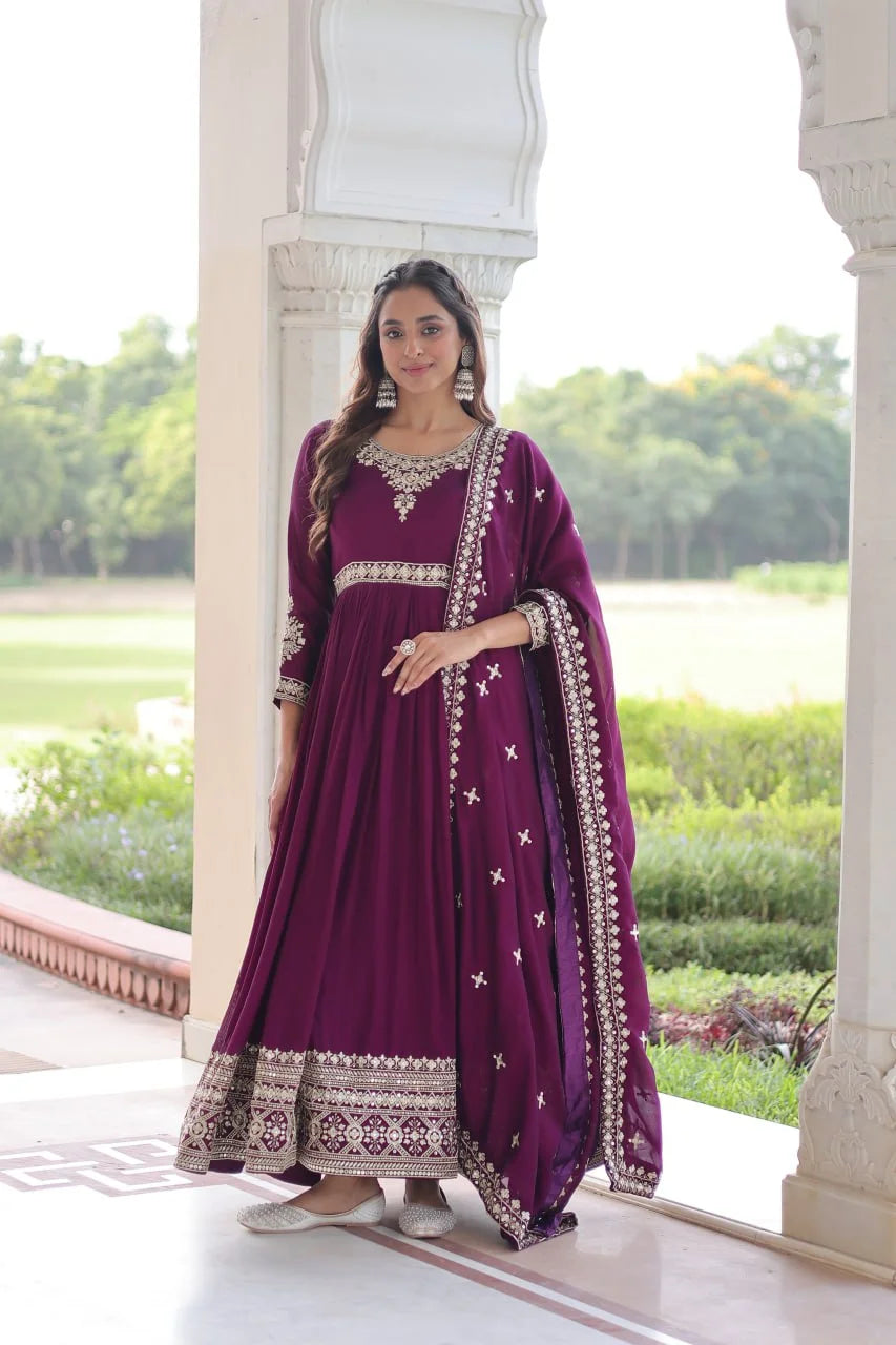 Traditional Vichitra Silk Gown Set with Sequence Work and Canvas Patta