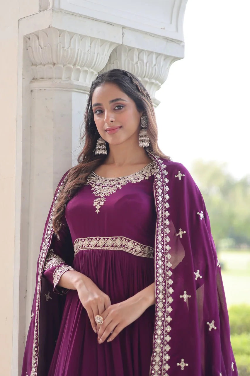 Traditional Vichitra Silk Gown Set with Sequence Work and Canvas Patta