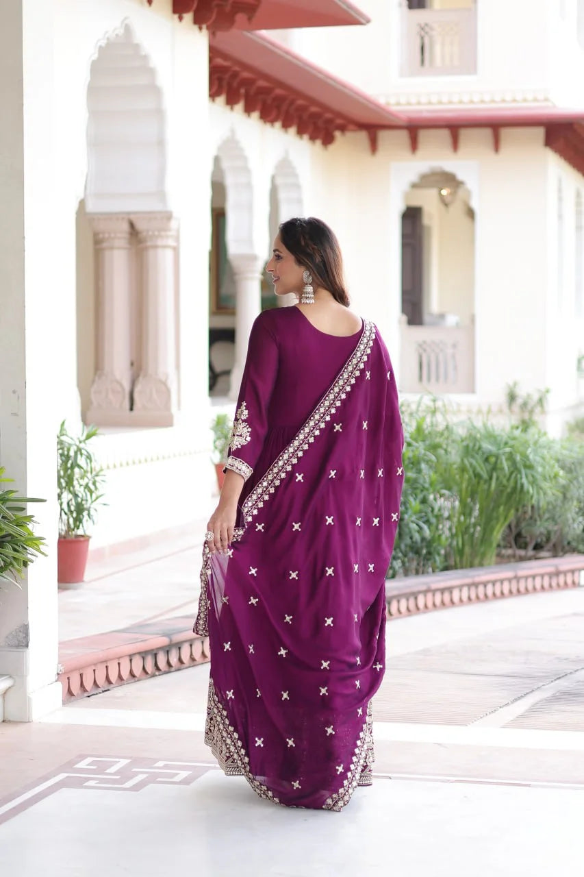 Traditional Vichitra Silk Gown Set with Sequence Work and Canvas Patta