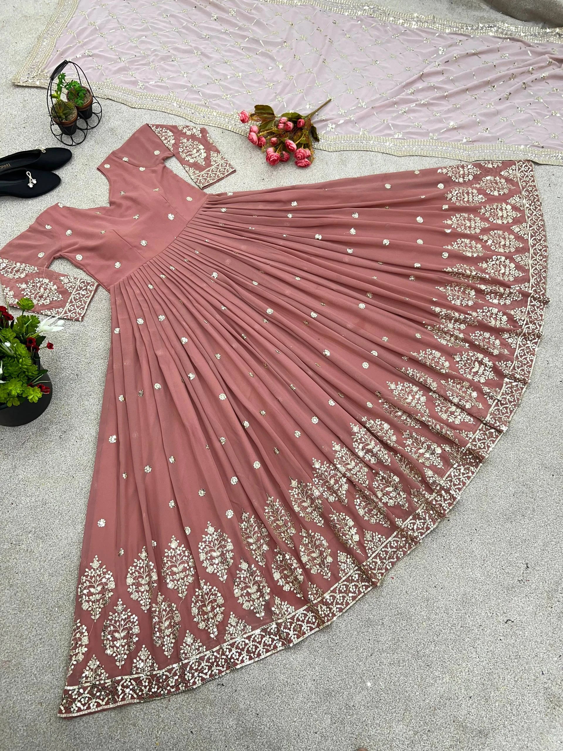 Stylish Heavy Faux Georgette Gown Set with Micro Cotton Inner & Dupatta