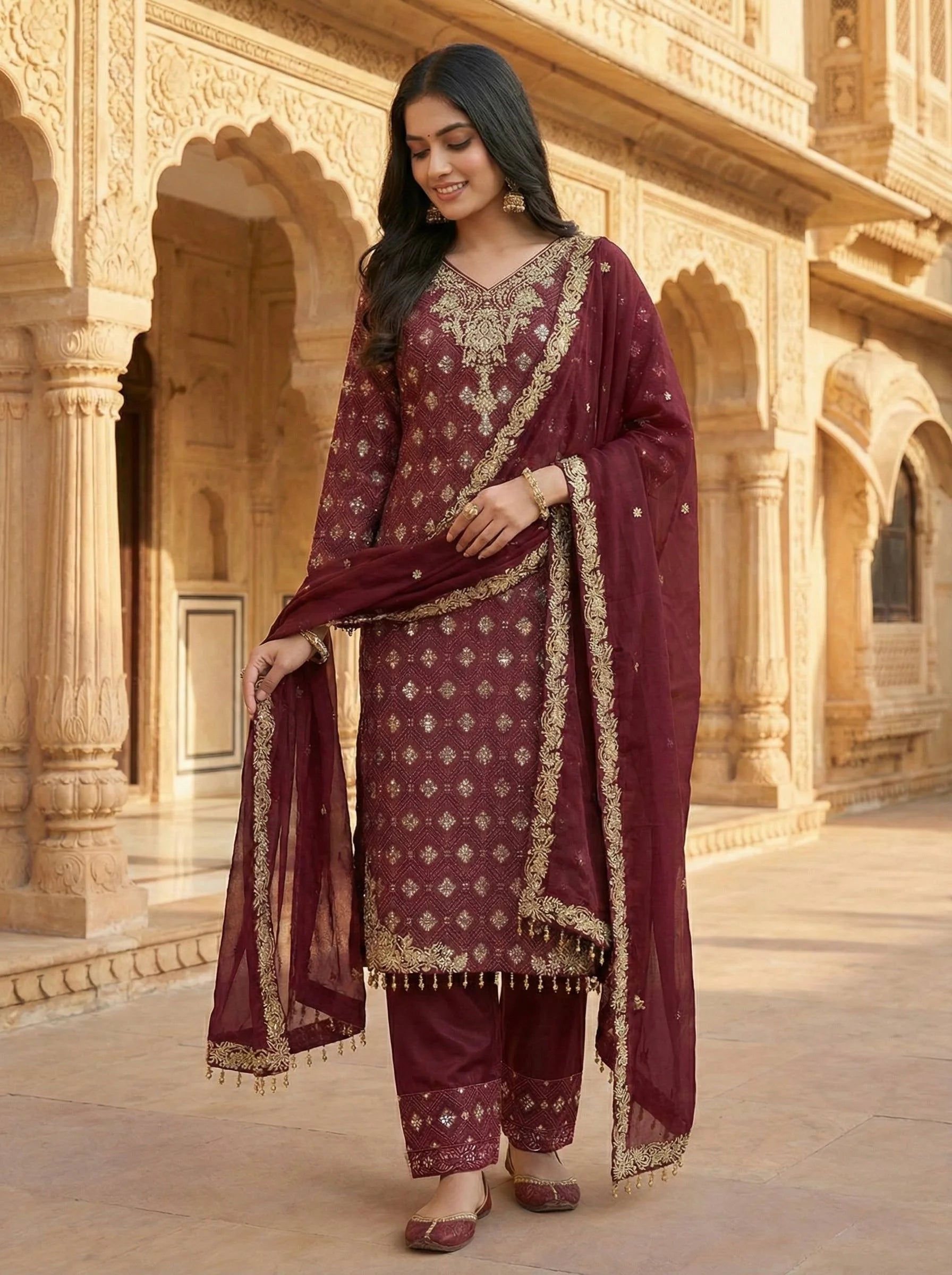 Luxury GMY Silk Embroidered Top and Pant Set for Women
