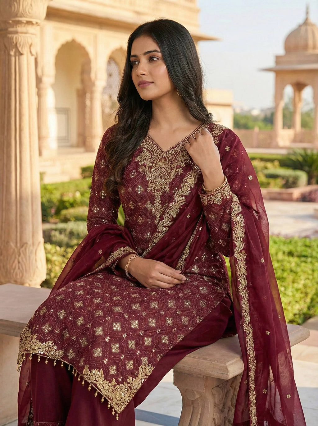 Luxury GMY Silk Embroidered Top and Pant Set for Women
