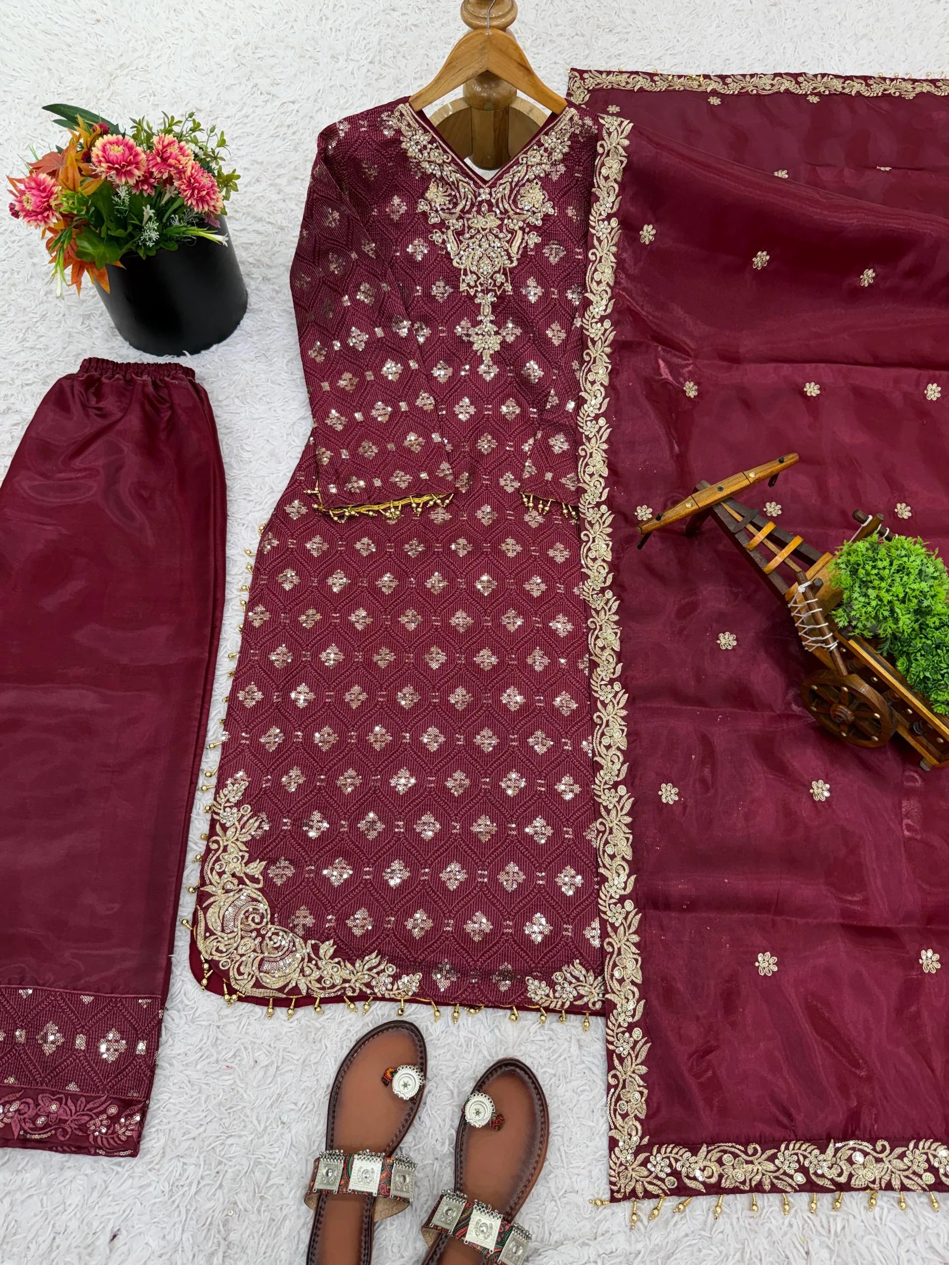 Luxury GMY Silk Embroidered Top and Pant Set for Women