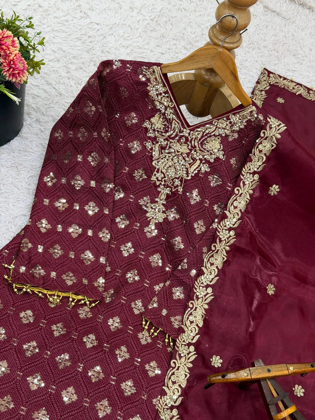 Luxury GMY Silk Embroidered Top and Pant Set for Women