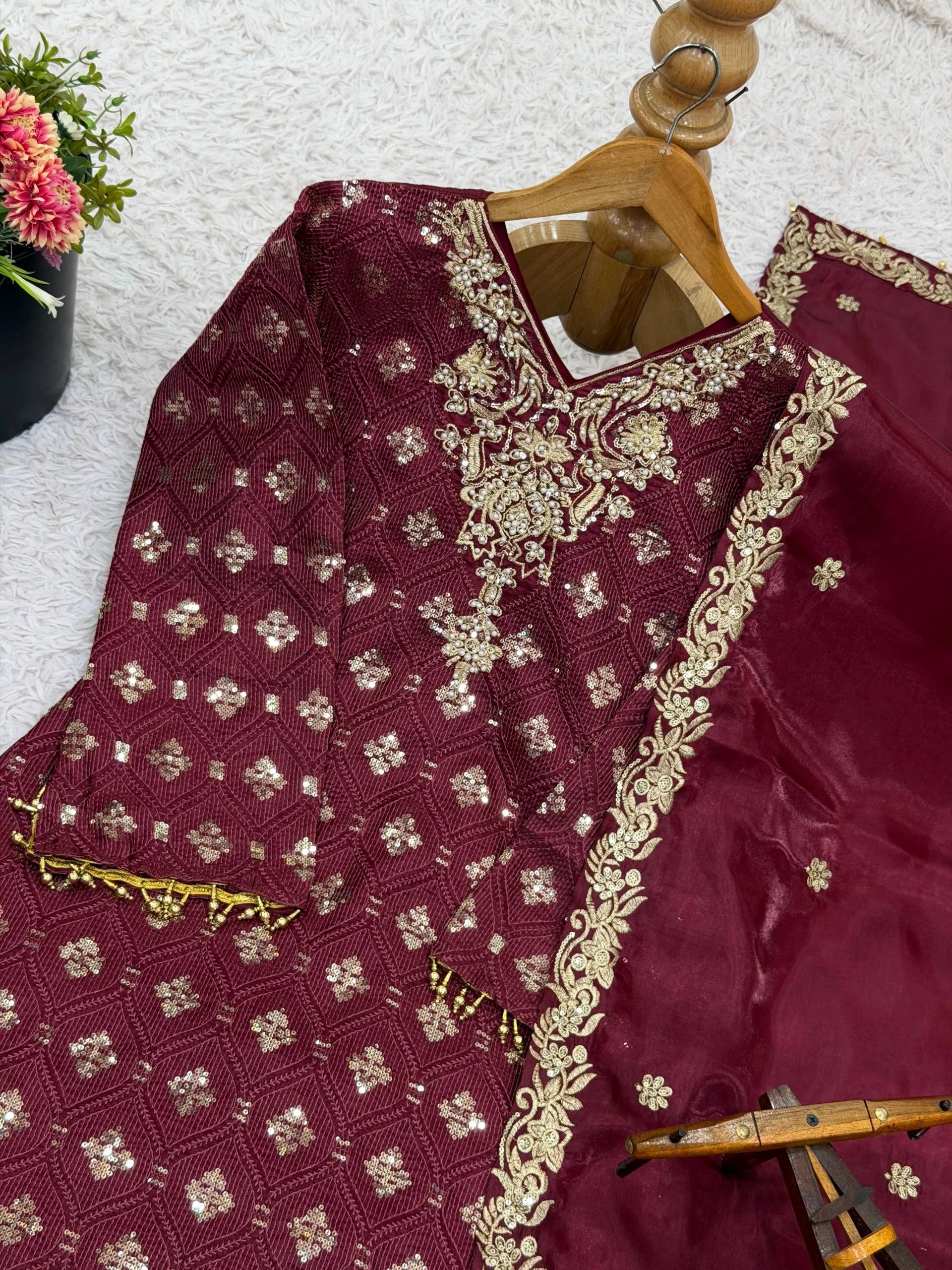 Luxury GMY Silk Embroidered Top and Pant Set for Women