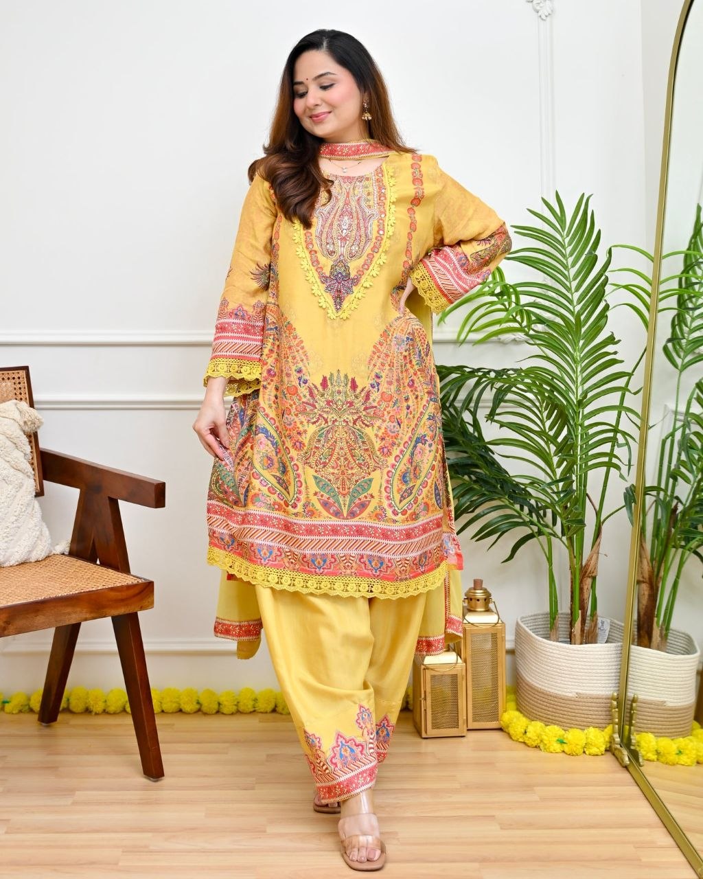 Diwali Special Premium Muslin Printed Suit Set with Mirror Work & Lace Dupatta - Festive Wear