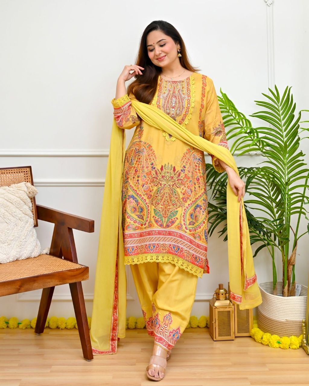 Diwali Special Premium Muslin Printed Suit Set with Mirror Work & Lace Dupatta - Festive Wear