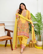 Diwali Special Premium Muslin Printed Suit Set with Mirror Work & Lace Dupatta - Festive Wear