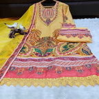Diwali Special Premium Muslin Printed Suit Set with Mirror Work & Lace Dupatta - Festive Wear
