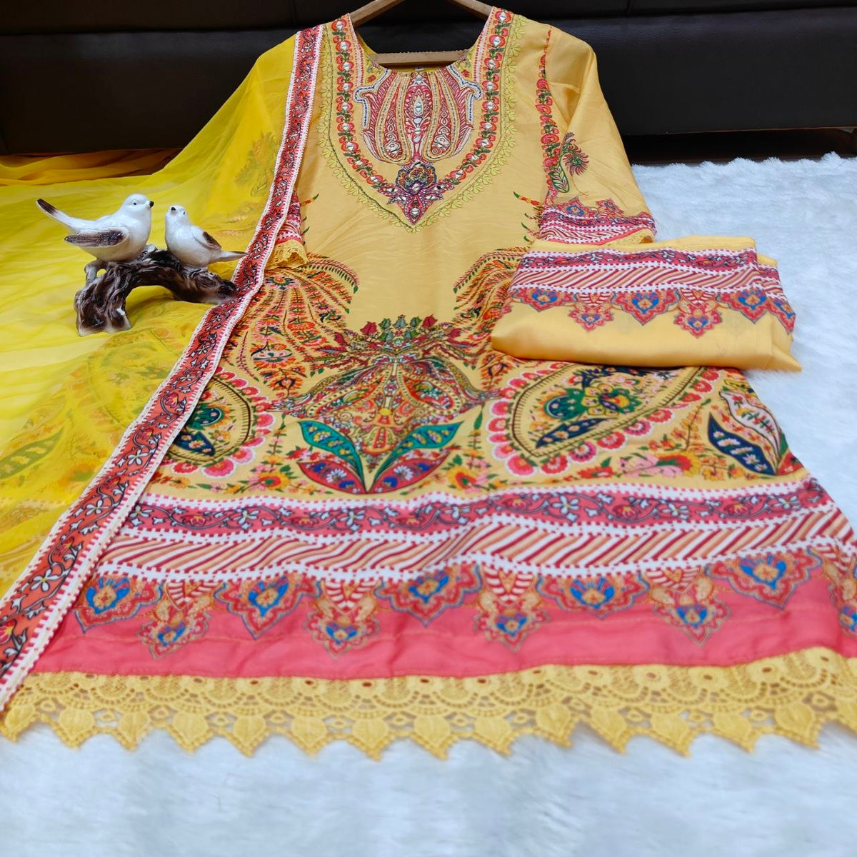 Diwali Special Premium Muslin Printed Suit Set with Mirror Work & Lace Dupatta - Festive Wear
