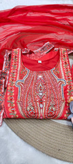 Diwali Special Premium Muslin Printed Suit Set with Mirror Work & Lace Dupatta - Festive Wear