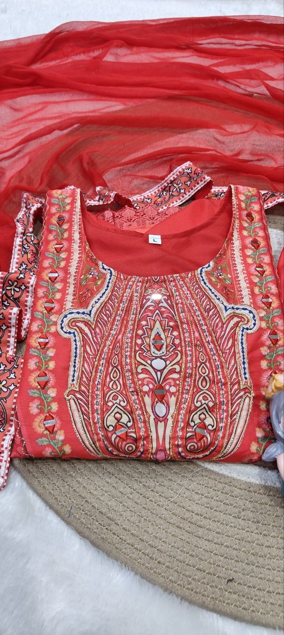 Diwali Special Premium Muslin Printed Suit Set with Mirror Work & Lace Dupatta - Festive Wear