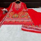 Diwali Special Premium Muslin Printed Suit Set with Mirror Work & Lace Dupatta - Festive Wear
