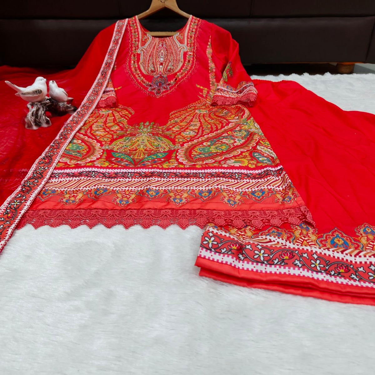 Diwali Special Premium Muslin Printed Suit Set with Mirror Work & Lace Dupatta - Festive Wear