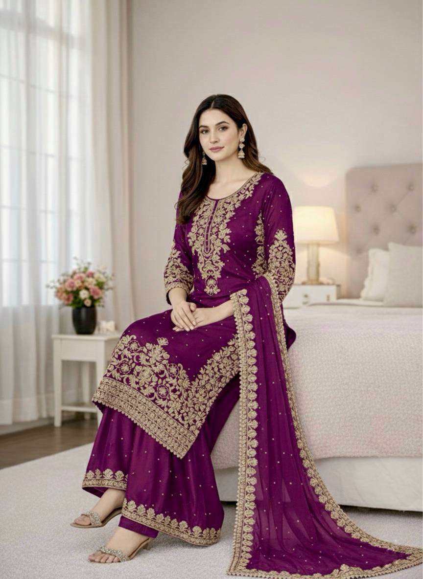 Elegant Wine GMY Silk Palazzo Set for Eid Celebration