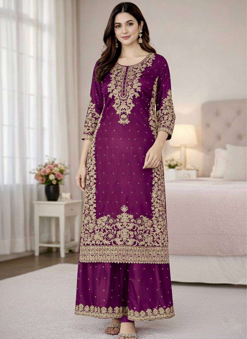Elegant Wine GMY Silk Palazzo Set for Eid Celebration