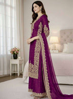 Elegant Wine GMY Silk Palazzo Set for Eid Celebration