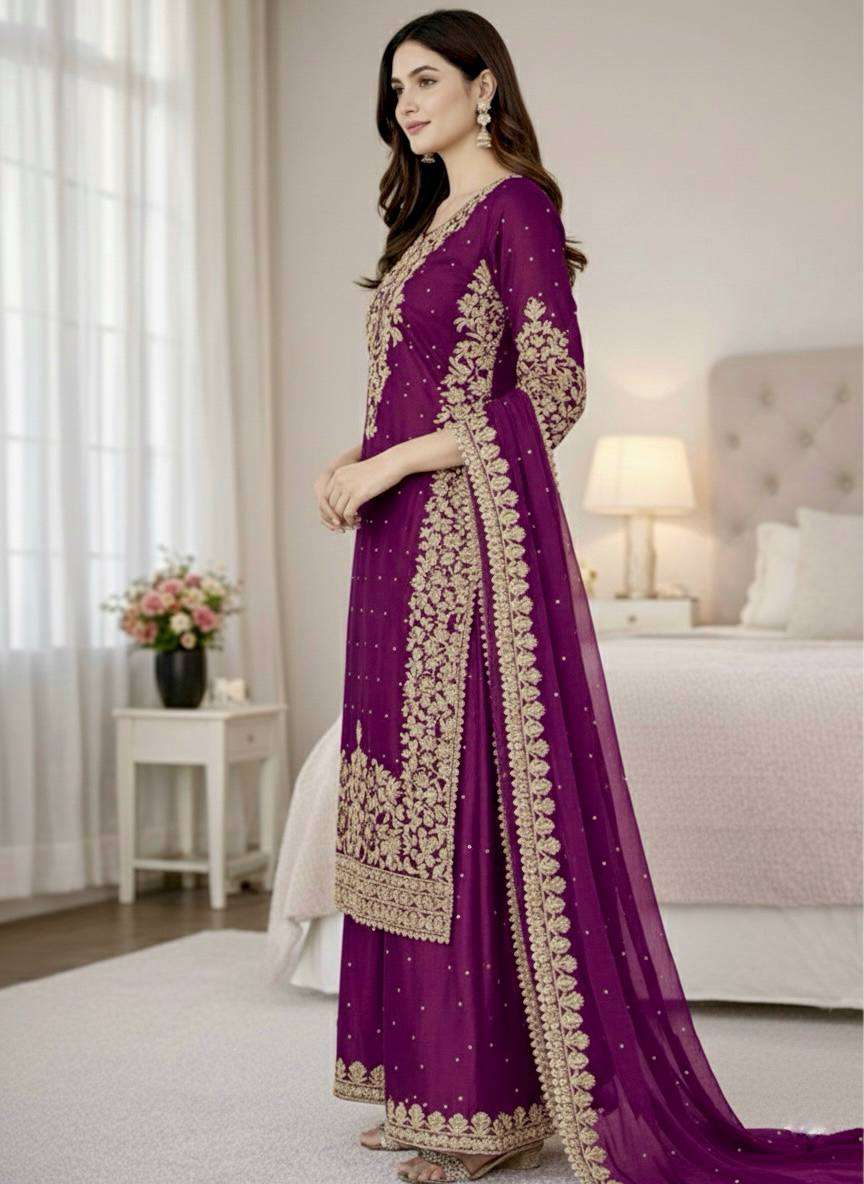 Elegant Wine GMY Silk Palazzo Set for Eid Celebration