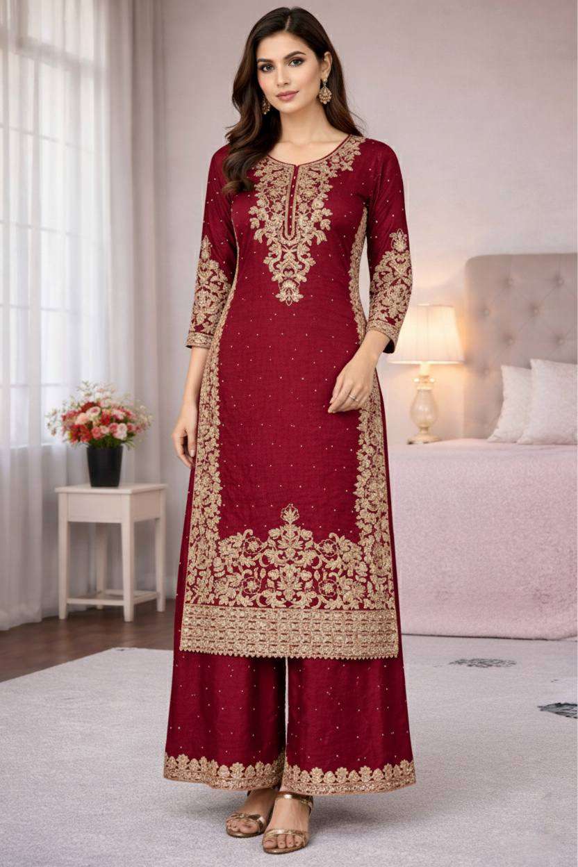 Stunning Red Traditional Wear Kurti Plazzo Set for Eid Glam