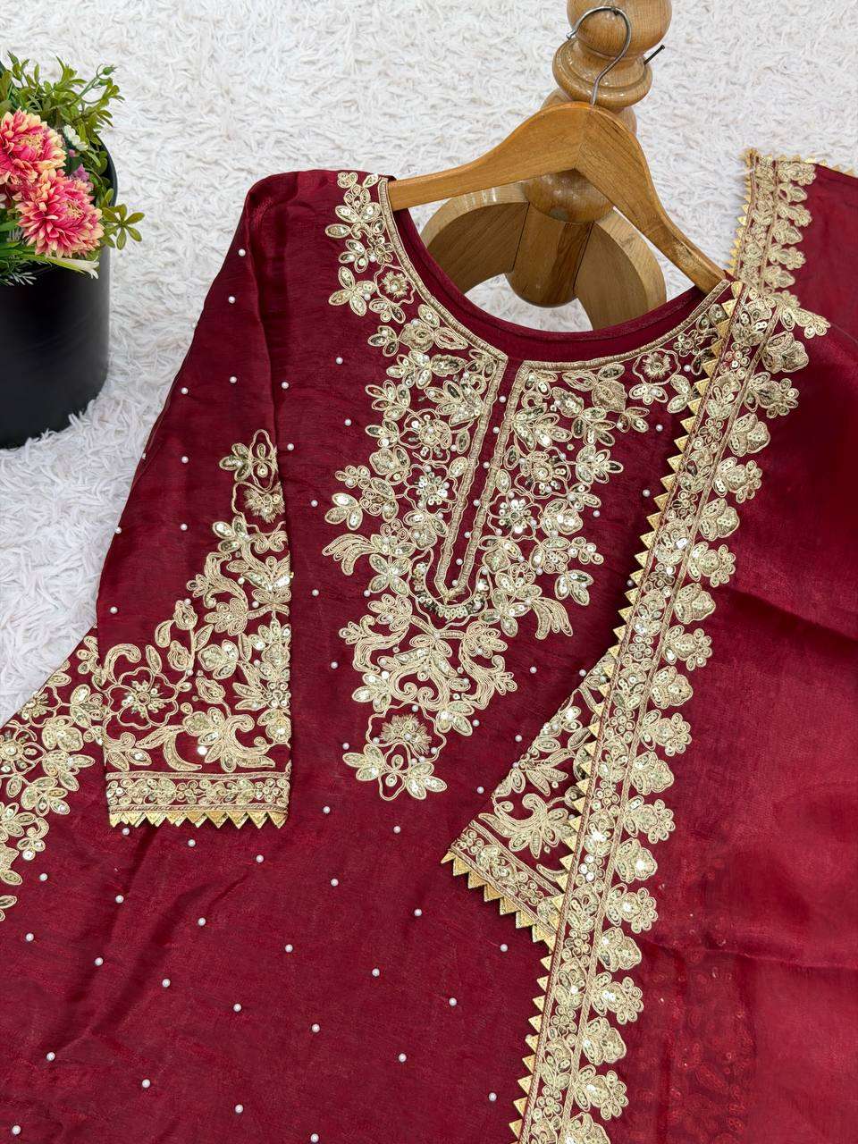 Stunning Red Traditional Wear Kurti Plazzo Set for Eid Glam