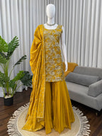 Party Wear Shimmer Silk Top Sharara Set with Heavy Embroidery & Lace Dupatta