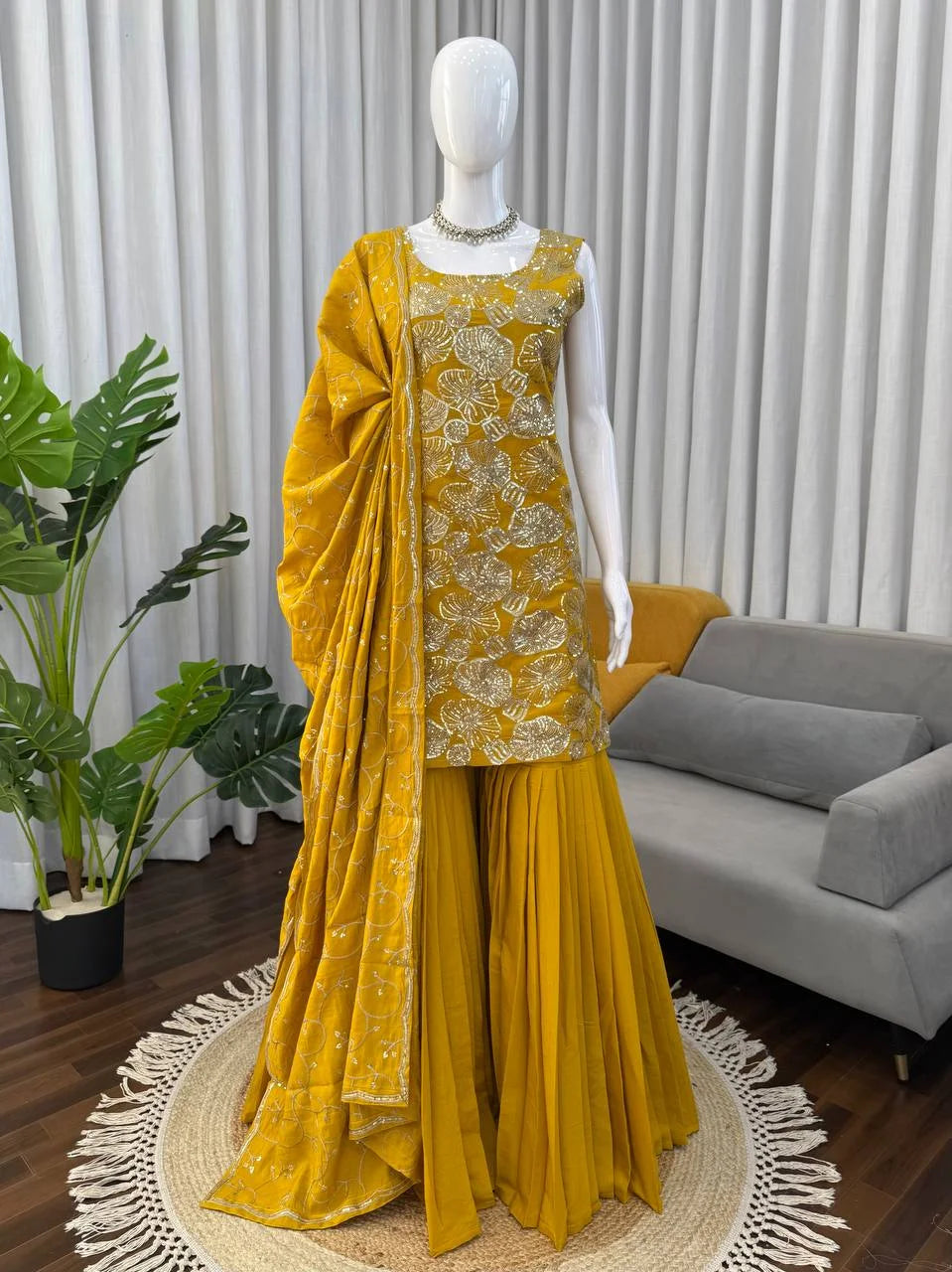 Party Wear Shimmer Silk Top Sharara Set with Heavy Embroidery & Lace Dupatta