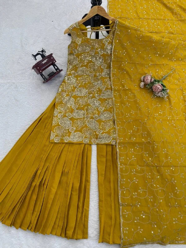 Party Wear Shimmer Silk Top Sharara Set with Heavy Embroidery & Lace Dupatta