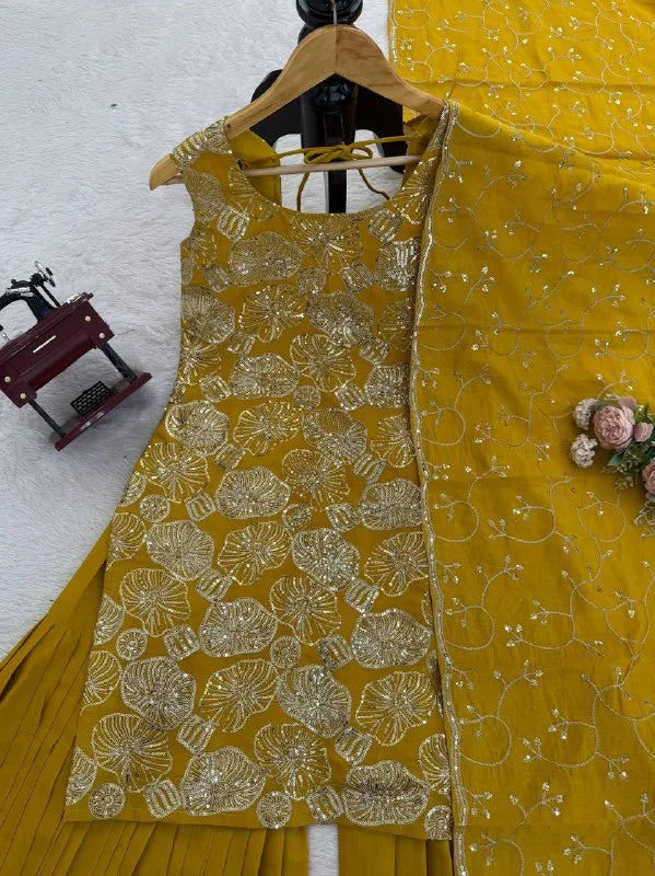 Party Wear Shimmer Silk Top Sharara Set with Heavy Embroidery & Lace Dupatta