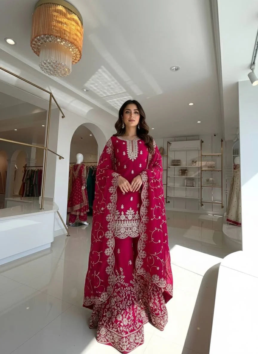 Elegant Pure GMY Silk Heavy Embroidered Top & Plazzo Set
