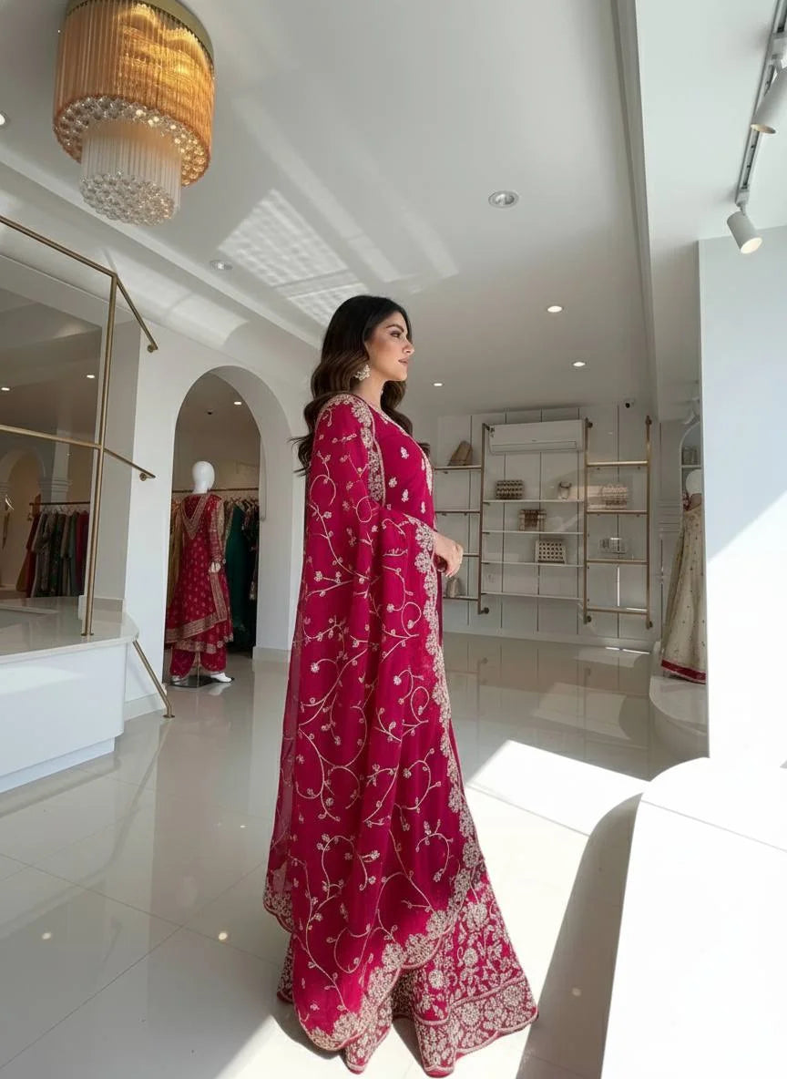 Elegant Pure GMY Silk Heavy Embroidered Top & Plazzo Set