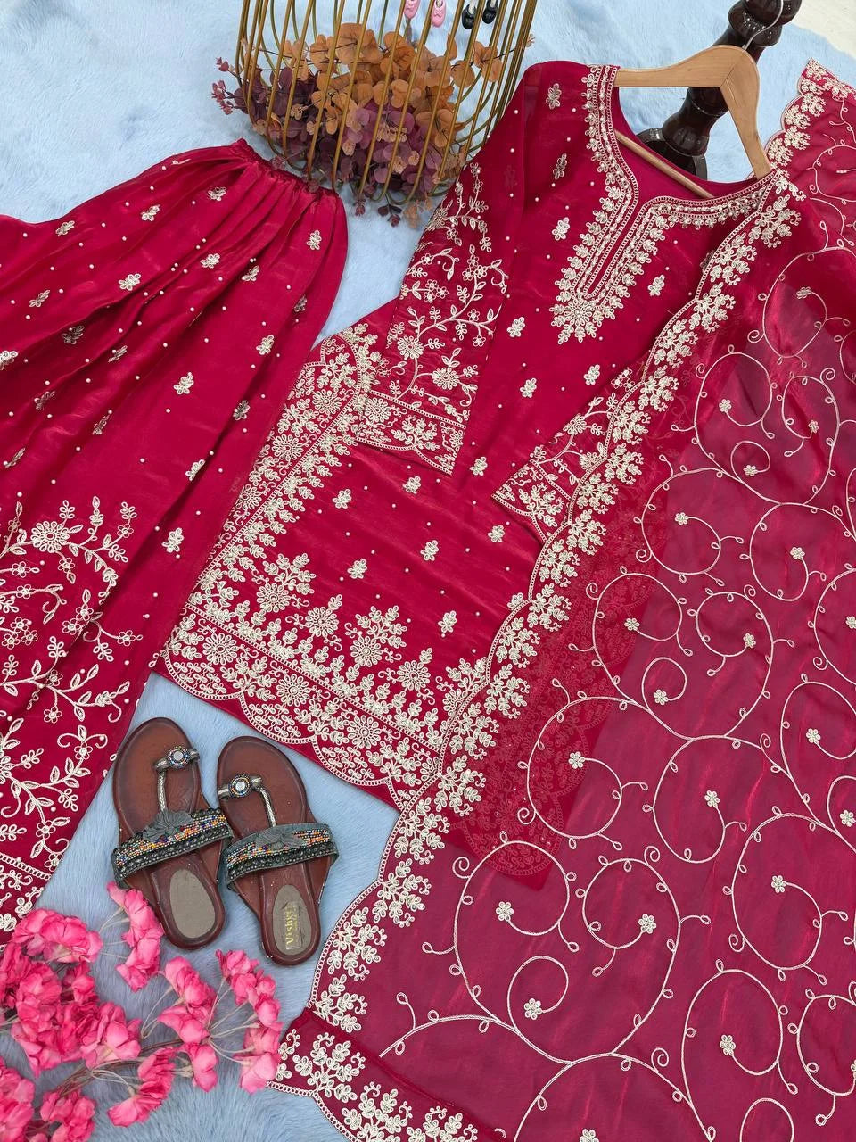 Elegant Pure GMY Silk Heavy Embroidered Top & Plazzo Set